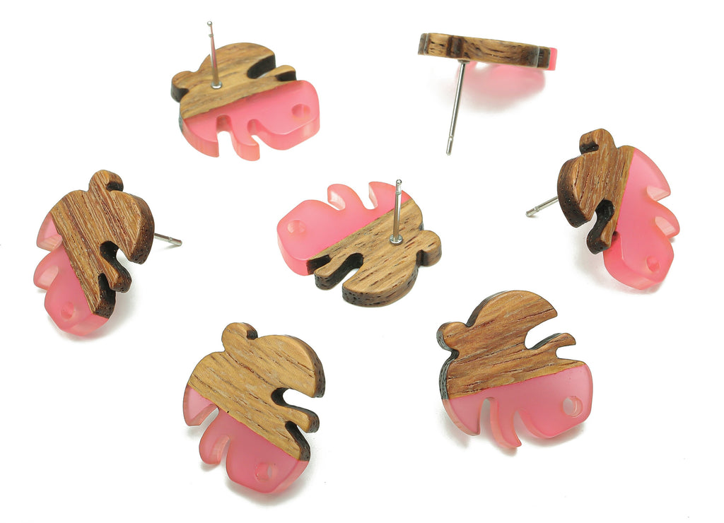 Natural Wooden Leaf Earring Stud - Walnut Wood Clear Red Resin Monstera Earring Post - 316 Stainless Steel Stud - 19.4x17.1x2.48mm - BB1255M - DOMEDBAZAAR