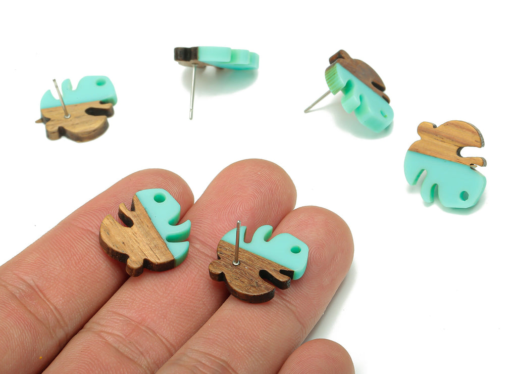 Natural Wooden Leaf Earring Stud - Walnut Wood Aqua Resin Monstera Earring Post - 316 Stainless Steel Stud - 19.38x17.07x2.48mm - BB1255L - DOMEDBAZAAR