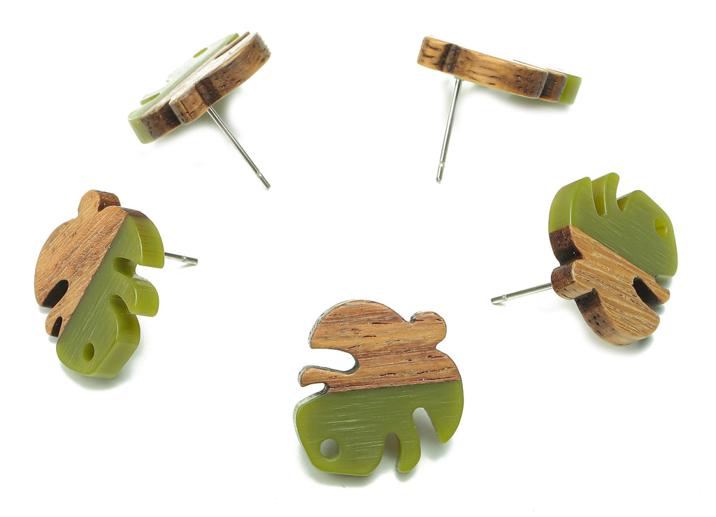 Natural Wooden Leaf Earring Stud - Walnut Wood Green Resin Monstera Earring Post - 316 Stainless Steel Stud - 19.38x17.07x2.48mm - BB1255R - DOMEDBAZAAR