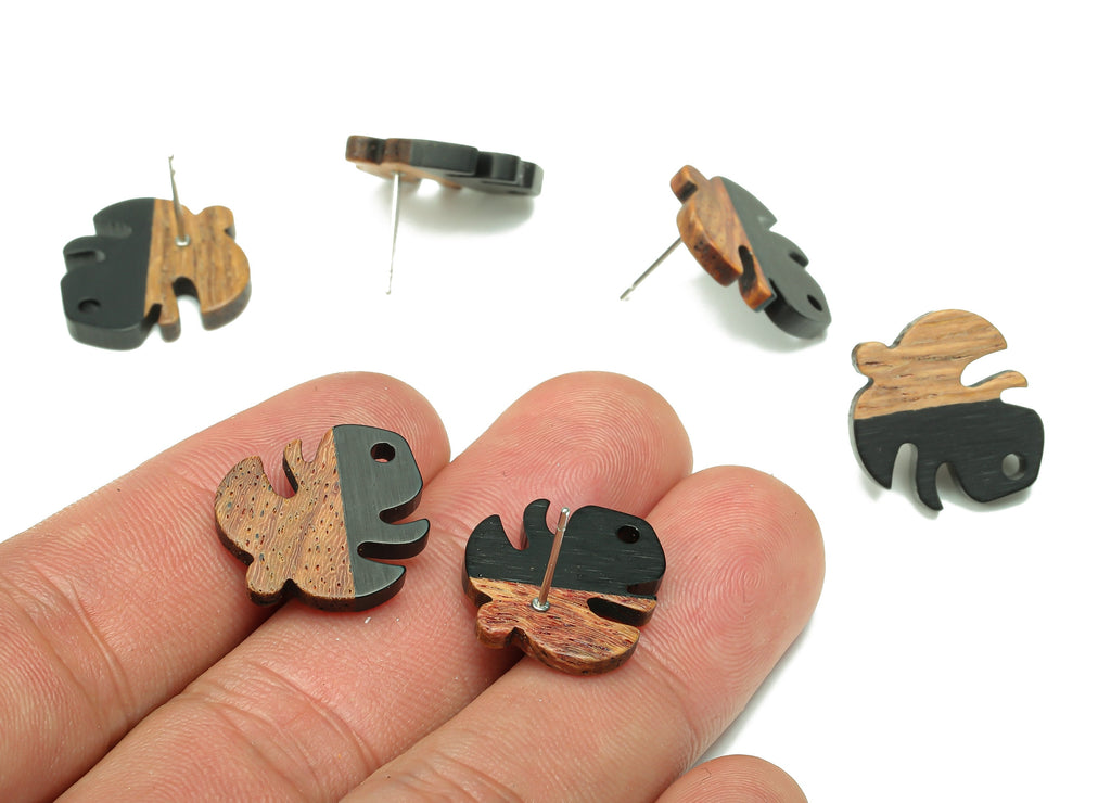 Natural Wooden Leaf Earring Stud - Walnut Wood Black Resin Monstera Earring Post - 316 Stainless Steel Stud - 19.38x17.07x2.48mm - BB1255S - DOMEDBAZAAR