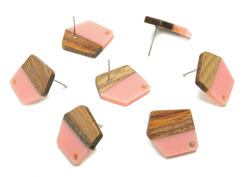 Natural Wooden Pentagon Earring Stud - Walnut Wood Pink Resin Irregular Earring Post - 316 Stainless Steel Stud - 20.7x17.6x3.1mm - BB1256C - DOMEDBAZAAR
