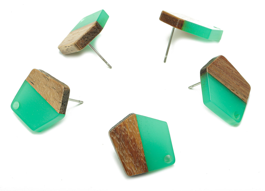 Natural Wooden Pentagon Earring Stud - Walnut Wood Light Green Resin Irregular Earring - 316 Stainless Steel Stud - 20.7x17.6x3.1mm -BB1256G - DOMEDBAZAAR