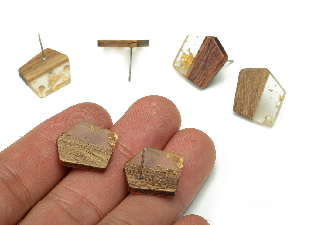 Natural Wooden Pentagon Earring Stud - Walnut Wood Gold Foil Clear Resin Irregular Post - 316 Stainless Steel Stud -20.7x17.6x3.1mm -BB1256D - DOMEDBAZAAR