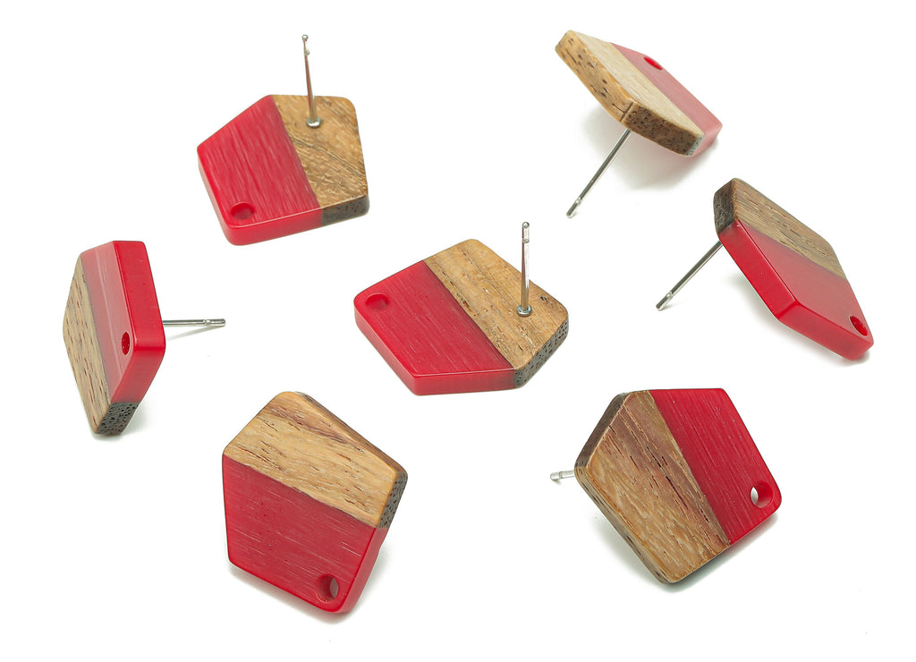 Natural Wooden Pentagon Earring Stud - Walnut Wood Red Resin Irregular Earring Post - 316 Stainless Steel Stud - 20.7x17.6x3.1mm - BB1256H - DOMEDBAZAAR