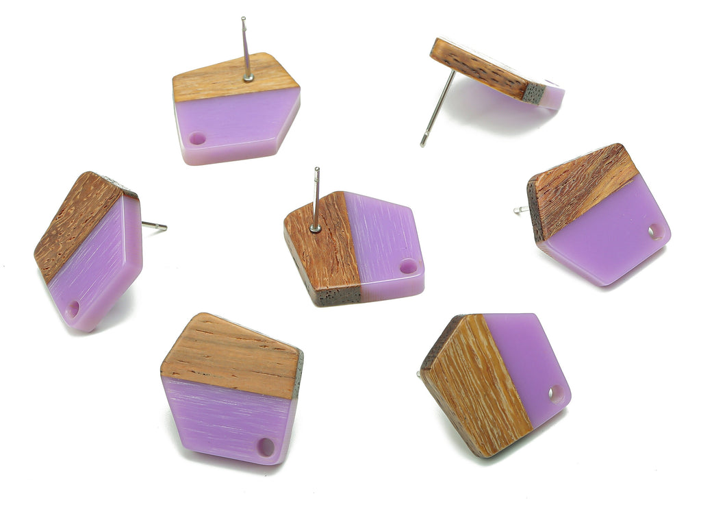 Natural Wooden Pentagon Earring Stud - Walnut Wood Purple Resin Irregular Earring Post - 316 Stainless Steel Stud - 20.7x17.6x3.1mm -BB1256J - DOMEDBAZAAR