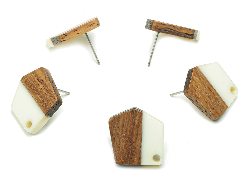 Natural Wooden Pentagon Earring Stud - Walnut Wood White Resin Irregular Earring Post - 316 Stainless Steel Stud - 20.7x17.6x3.1mm - BB1256M - DOMEDBAZAAR
