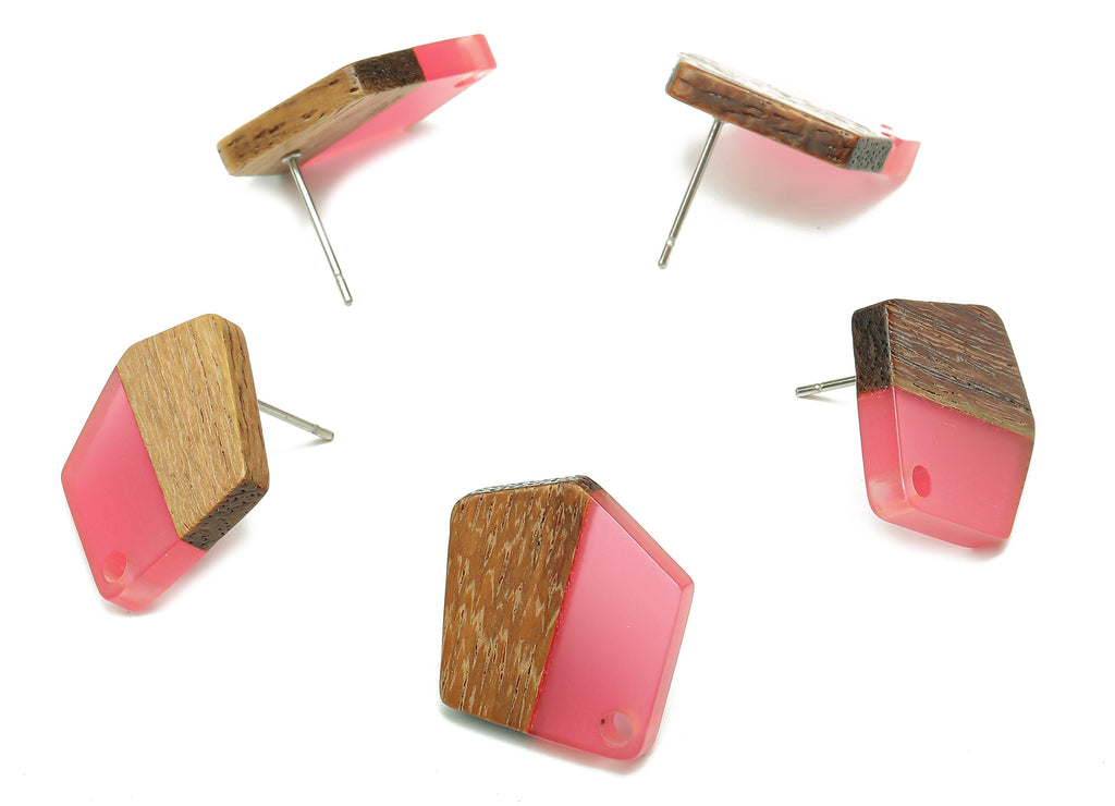 Natural Wooden Pentagon Earring Stud - Walnut Wood Light Red Resin Irregular Earring - 316 Stainless Steel Stud - 20.7x17.6x3.1mm - BB1256L - DOMEDBAZAAR
