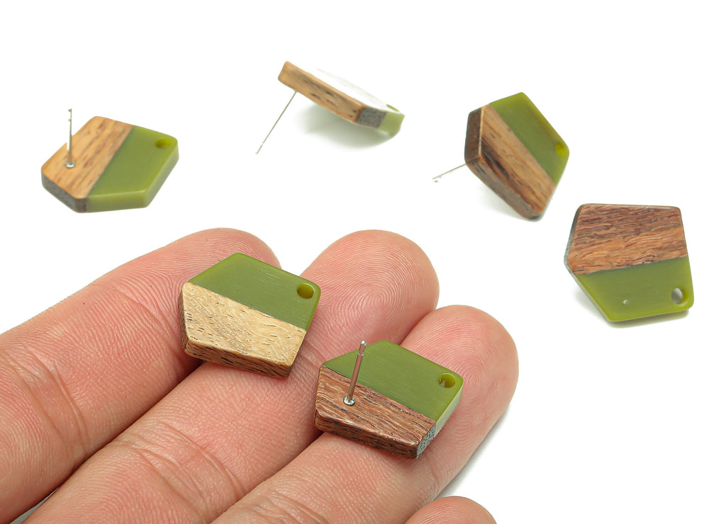 Natural Wooden Pentagon Earring Stud - Walnut Wood Green Resin Irregular Earring Post - 316 Stainless Steel Stud - 20.7x17.6x3.1mm - BB1256F - DOMEDBAZAAR