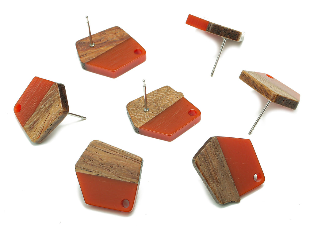 Natural Wooden Pentagon Earring Stud - Walnut Wood Red Resin Irregular Earring Post - 316 Stainless Steel Stud - 20.7x17.6x3.1mm - BB1256K - DOMEDBAZAAR