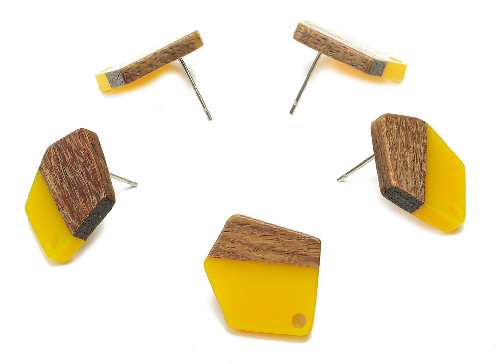 Natural Wooden Pentagon Earring Stud - Walnut Wood Yellow Resin Irregular Earring Post - 316 Stainless Steel Stud - 20.7x17.6x3.1mm -BB1256P - DOMEDBAZAAR