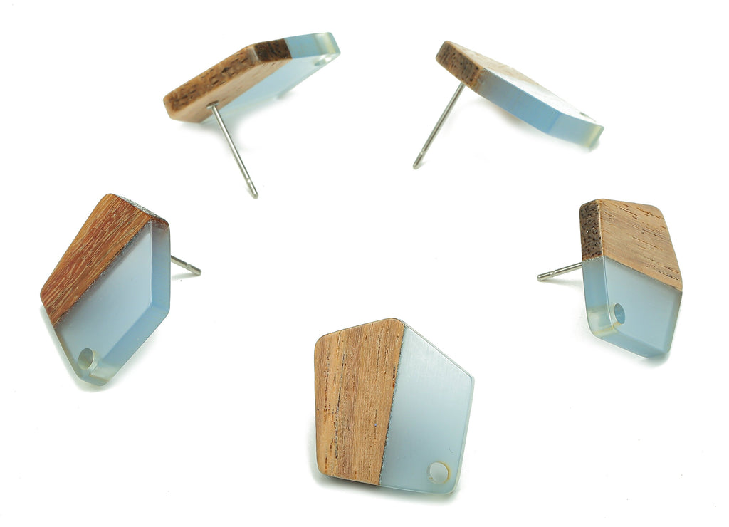 Natural Wooden Pentagon Earring Stud - Walnut Wood Light Blue Resin Irregular Earring - 316 Stainless Steel Stud - 20.7x17.6x3.1mm - BB1256S - DOMEDBAZAAR