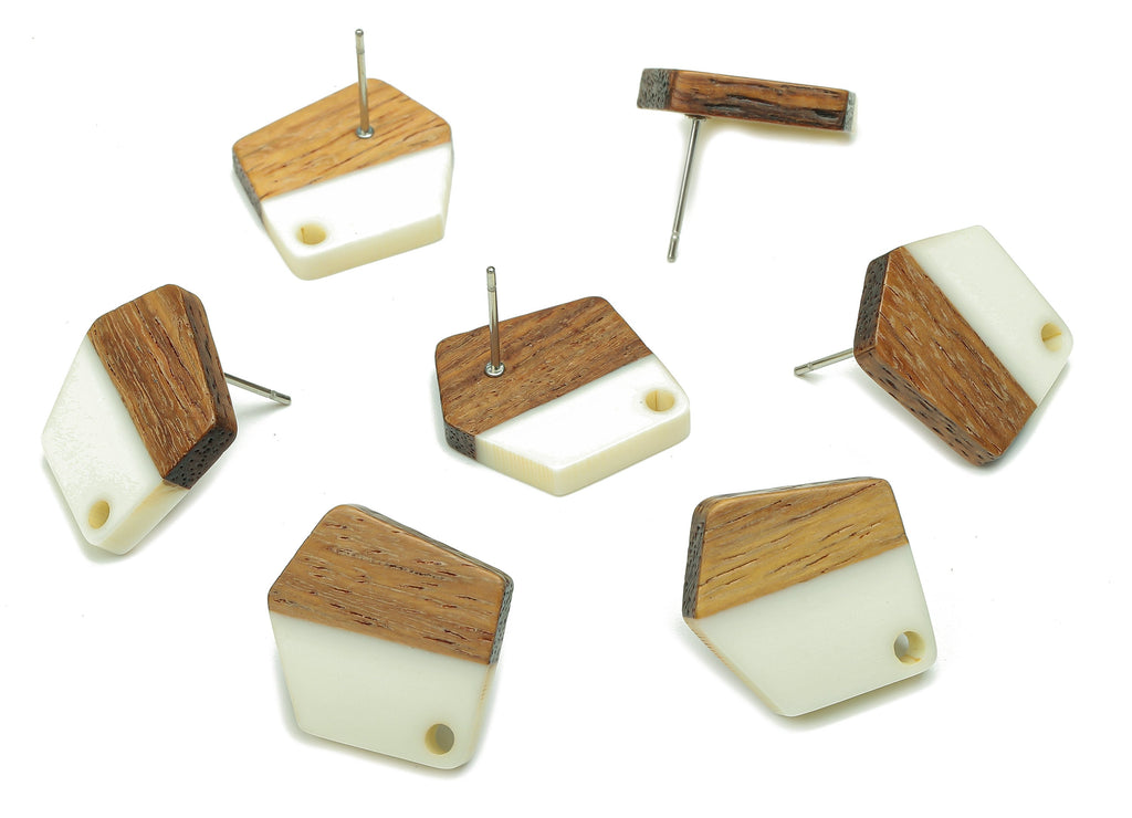 Natural Wooden Pentagon Earring Stud - Walnut Wood White Resin Irregular Earring Post - 316 Stainless Steel Stud - 20.7x17.6x3.1mm - BB1256M - DOMEDBAZAAR