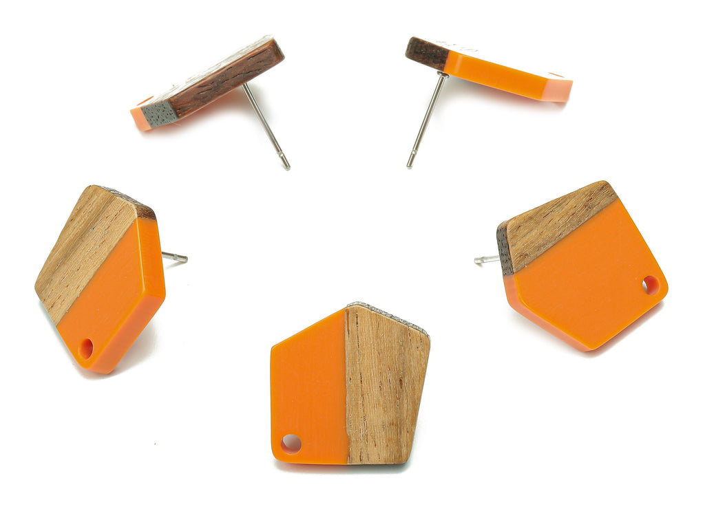Natural Wooden Pentagon Earring Stud - Walnut Wood Orange Resin Irregular Earring Post - 316 Stainless Steel Stud - 20.7x17.6x3.1mm -BB1256R - DOMEDBAZAAR