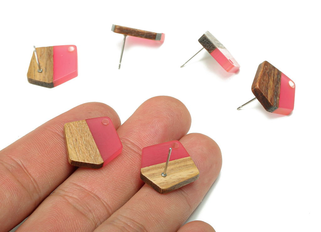Natural Wooden Pentagon Earring Stud - Walnut Wood Light Red Resin Irregular Earring - 316 Stainless Steel Stud - 20.7x17.6x3.1mm - BB1256L - DOMEDBAZAAR