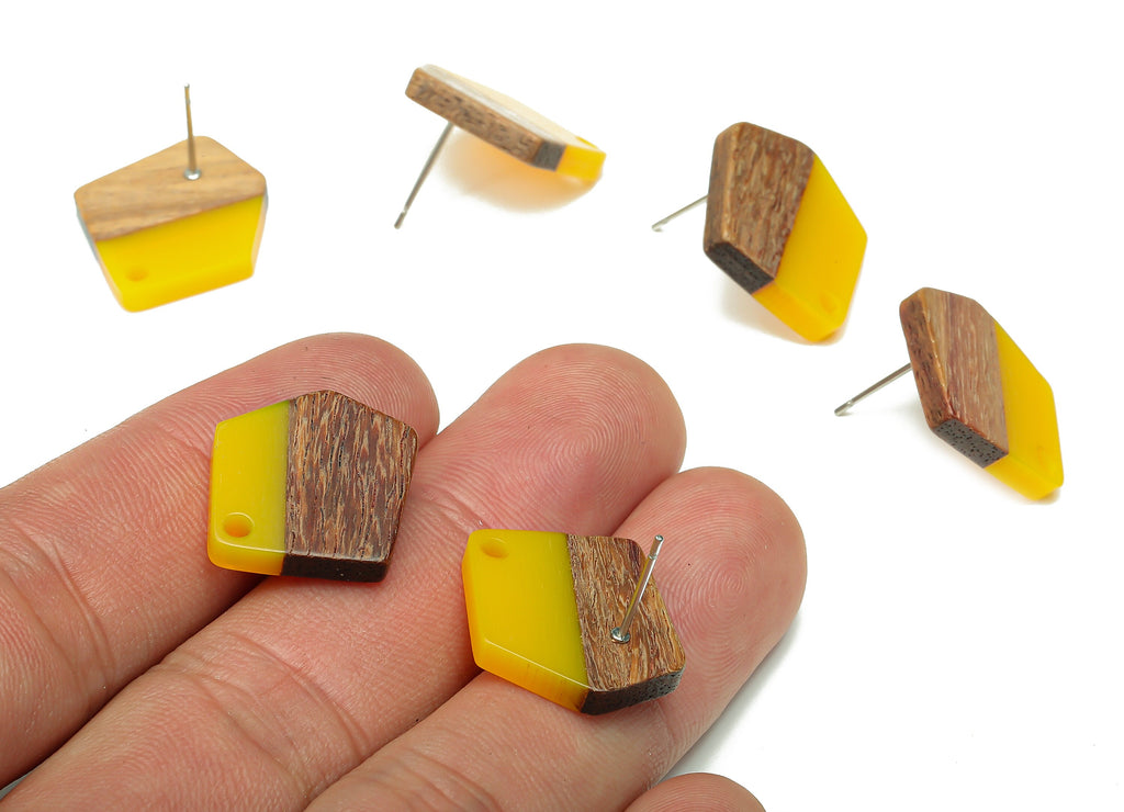 Natural Wooden Pentagon Earring Stud - Walnut Wood Yellow Resin Irregular Earring Post - 316 Stainless Steel Stud - 20.7x17.6x3.1mm -BB1256P - DOMEDBAZAAR
