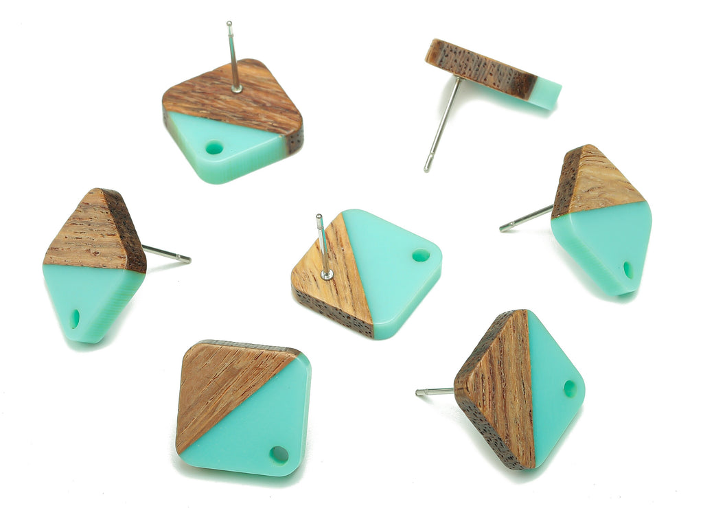 Natural Wooden Diamond Earring Stud - Walnut Wood Rhombus Aqua Resin Earring Post - 316 Stainless Steel Stud - 17.14x17.14x2.95mm - BB1257A - DOMEDBAZAAR