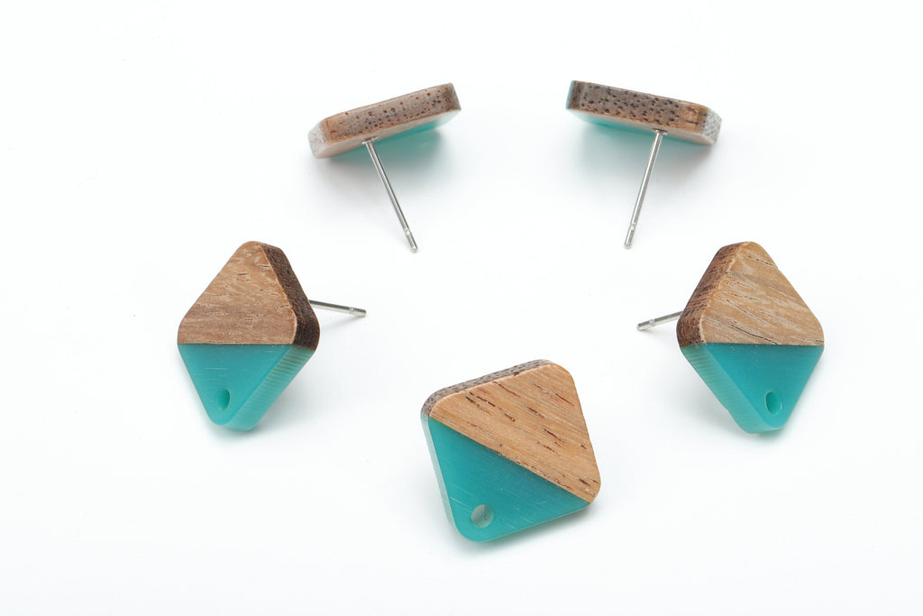 Natural Wooden Diamond Earring Stud - Walnut Wood Rhombus Petrol Resin Earring Post - 316 Stainless Steel Stud - 17.14x17.14x2.95mm -BB1257B - DOMEDBAZAAR