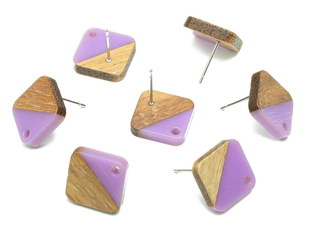 Natural Wooden Diamond Earring Stud - Walnut Wood Rhombus Purple Resin Earring Post - 316 Stainless Steel Stud - 17.14x17.14x2.95mm -BB1257C - DOMEDBAZAAR