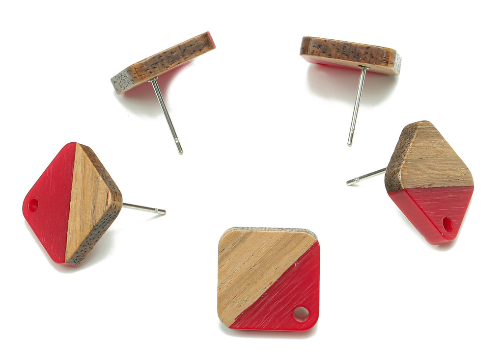 Natural Wooden Diamond Earring Stud - Walnut Wood Rhombus Red Resin Earring Post - 316 Stainless Steel Stud - 17.14x17.14x2.95mm - BB1257D - DOMEDBAZAAR