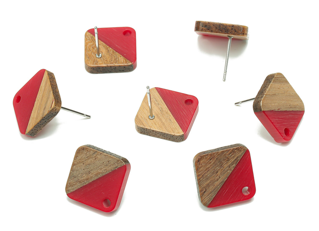 Natural Wooden Diamond Earring Stud - Walnut Wood Rhombus Red Resin Earring Post - 316 Stainless Steel Stud - 17.14x17.14x2.95mm - BB1257D - DOMEDBAZAAR