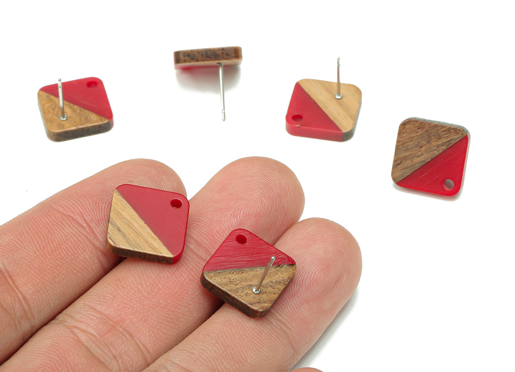 Natural Wooden Diamond Earring Stud - Walnut Wood Rhombus Red Resin Earring Post - 316 Stainless Steel Stud - 17.14x17.14x2.95mm - BB1257D - DOMEDBAZAAR