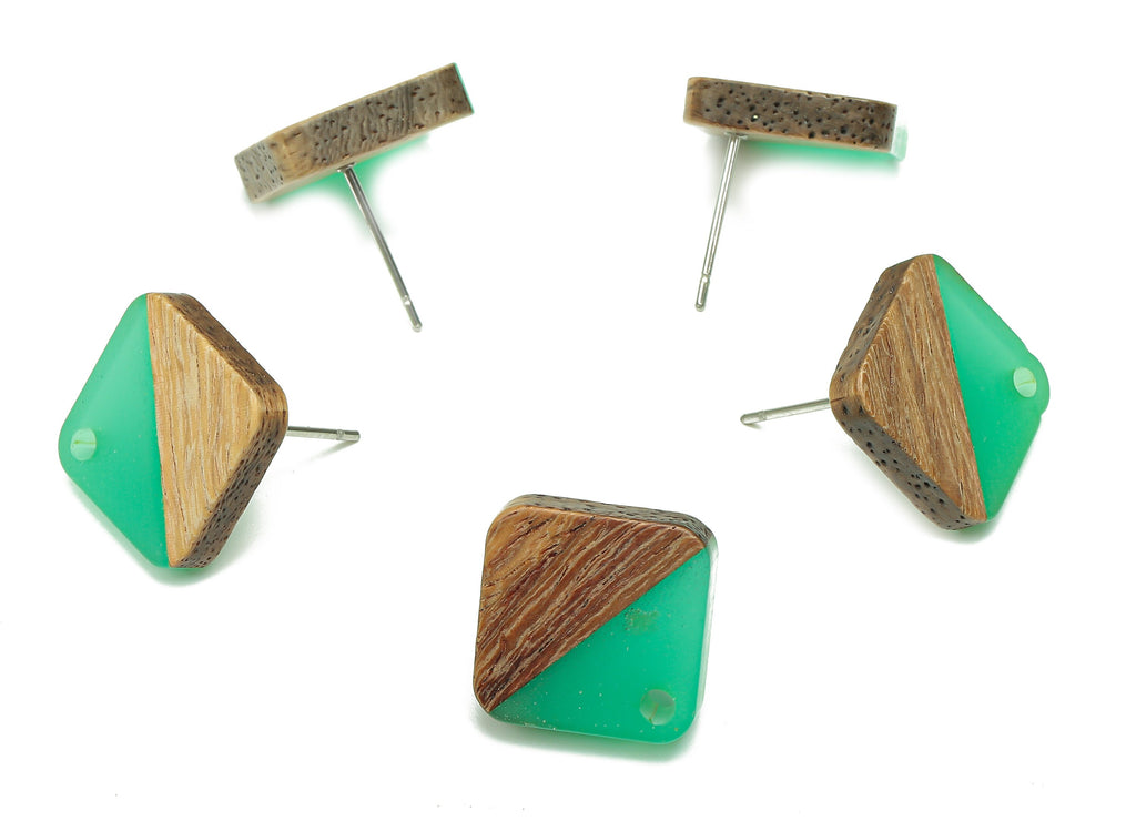 Natural Wooden Diamond Earring Stud - Walnut Wood Rhombus Light Green Resin Earring Post - 316 Stainless Steel Stud - 17.1x17.1x3mm -BB1257E - DOMEDBAZAAR