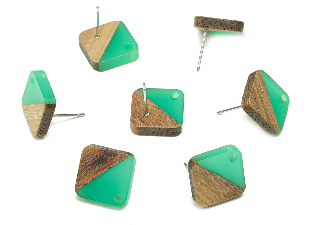 Natural Wooden Diamond Earring Stud - Walnut Wood Rhombus Light Green Resin Earring Post - 316 Stainless Steel Stud - 17.1x17.1x3mm -BB1257E - DOMEDBAZAAR
