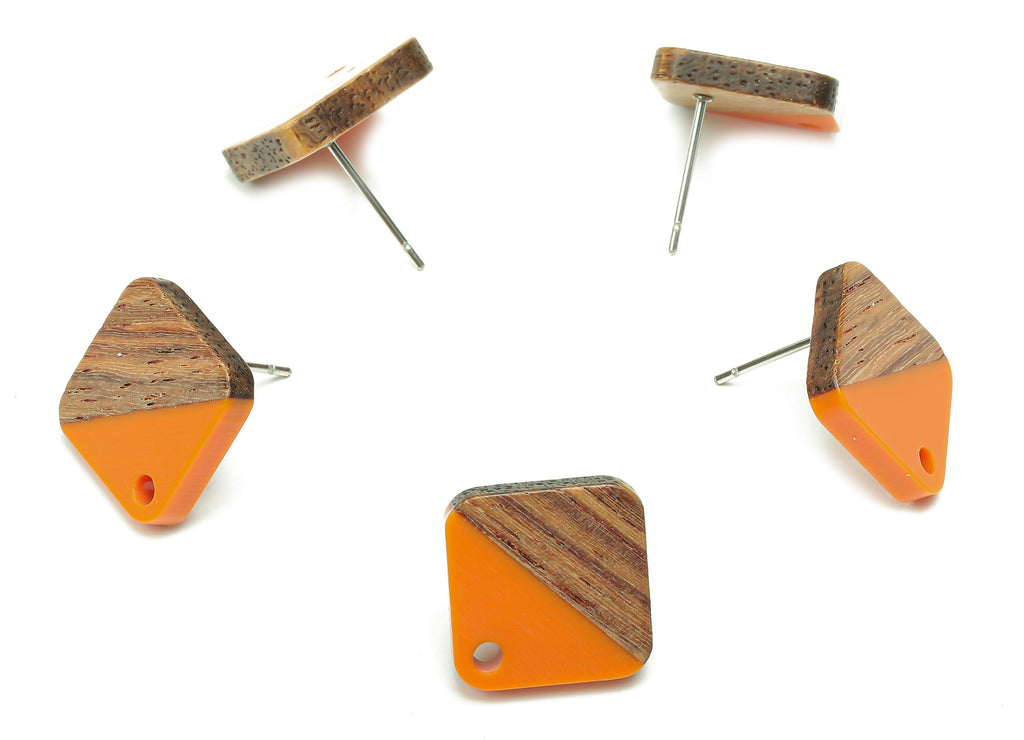 Natural Wooden Diamond Earring Stud - Walnut Wood Rhombus Orange Resin Earring Post - 316 Stainless Steel Stud - 17.14x17.14x2.95mm -BB1257F - DOMEDBAZAAR