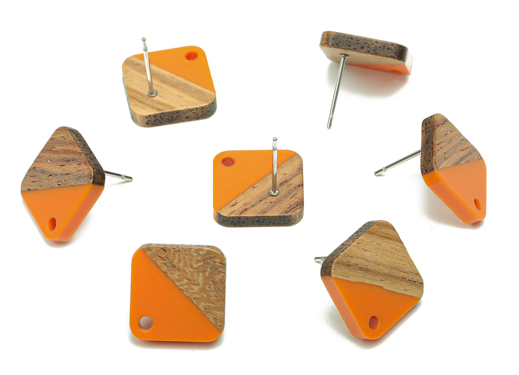 Natural Wooden Diamond Earring Stud - Walnut Wood Rhombus Orange Resin Earring Post - 316 Stainless Steel Stud - 17.14x17.14x2.95mm -BB1257F - DOMEDBAZAAR