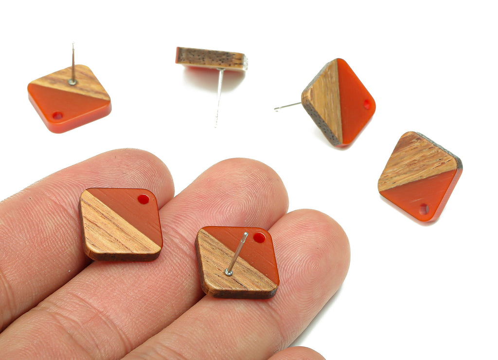 Natural Wooden Diamond Earring Stud - Walnut Wood Rhombus Red Resin Earring Post - 316 Stainless Steel Stud - 17.14x17.14x2.95mm - BB1257G - DOMEDBAZAAR