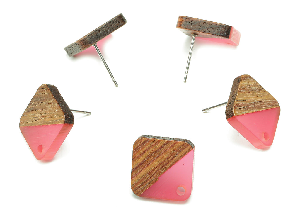 Natural Wooden Diamond Earring Stud - Walnut Wood Rhombus Light Red Resin Earring Post - 316 Stainless Steel Stud - 17.1x17.1x2.95mm-BB1257H - DOMEDBAZAAR