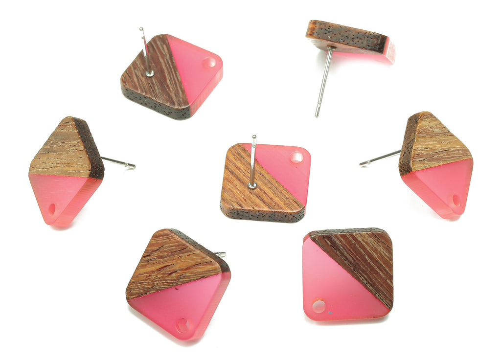 Natural Wooden Diamond Earring Stud - Walnut Wood Rhombus Light Red Resin Earring Post - 316 Stainless Steel Stud - 17.1x17.1x2.95mm-BB1257H - DOMEDBAZAAR