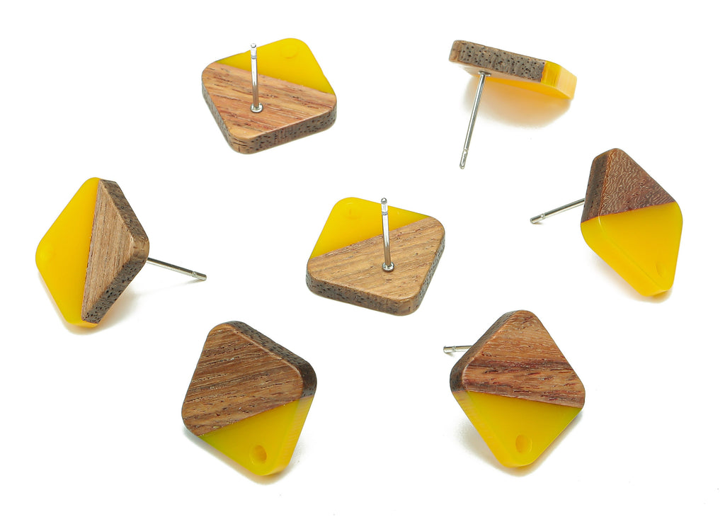 Natural Wooden Diamond Earring Stud - Walnut Wood Rhombus Yellow Resin Earring Post - 316 Stainless Steel Stud - 17.14x17.14x2.95mm -BB1257J - DOMEDBAZAAR