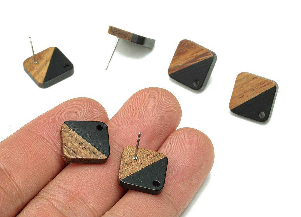 Natural Wooden Diamond Earring Stud - Walnut Wood Rhombus Black Resin Earring Post - 316 Stainless Steel Stud - 17.14x17.14x2.95mm - BB1257K - DOMEDBAZAAR