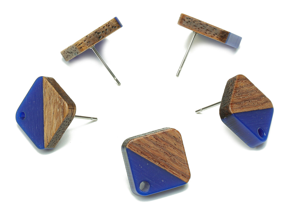 Natural Wooden Diamond Earring Stud - Walnut Wood Rhombus Dark Blue Resin Earring Post - 316 Stainless Steel Stud - 17.1x17.1x2.95mm-BB1257N - DOMEDBAZAAR