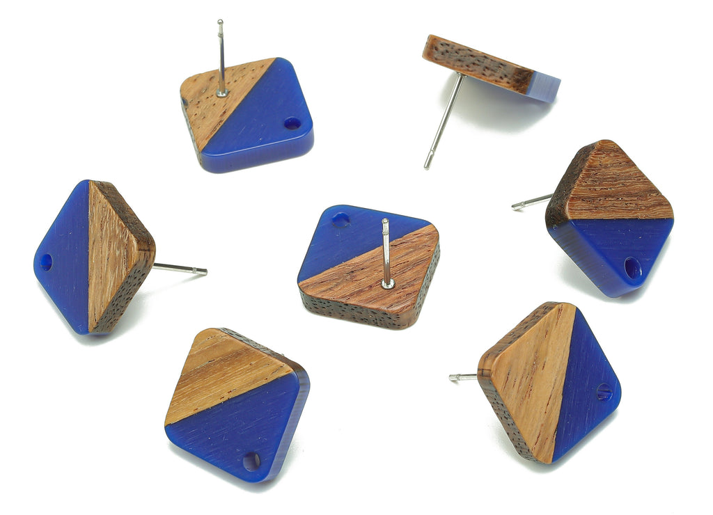 Natural Wooden Diamond Earring Stud - Walnut Wood Rhombus Dark Blue Resin Earring Post - 316 Stainless Steel Stud - 17.1x17.1x2.95mm-BB1257N - DOMEDBAZAAR