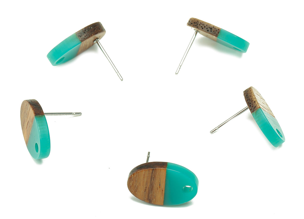 Natural Wooden Oval Earring Stud - Walnut Wood Petrol Resin Ellipse Earring Post - 316 Stainless Steel Stud - 15.6x10.23x2.42mm - BB1258A - DOMEDBAZAAR