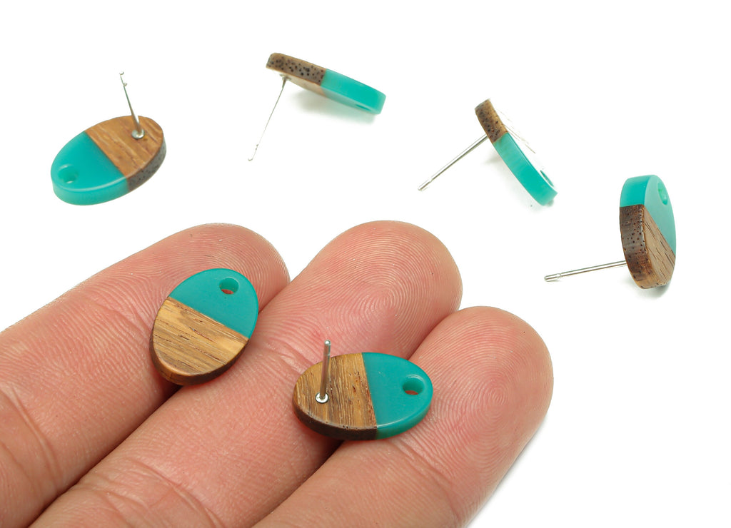 Natural Wooden Oval Earring Stud - Walnut Wood Petrol Resin Ellipse Earring Post - 316 Stainless Steel Stud - 15.6x10.23x2.42mm - BB1258A - DOMEDBAZAAR