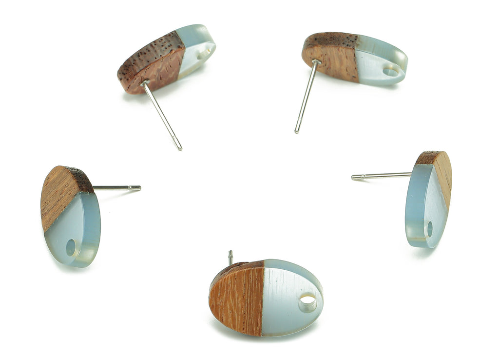 Natural Wooden Oval Earring Stud - Walnut Wood Light Blue Resin Ellipse Earring Post - 316 Stainless Steel Stud - 15.6x10.23x2.4mm - BB1258H - DOMEDBAZAAR