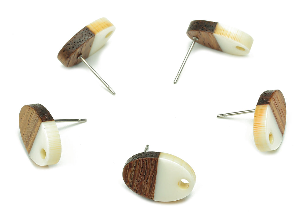 Natural Wooden Oval Earring Stud - Walnut Wood White Resin Ellipse Earring Post - 316 Stainless Steel Stud - 15.6x10.23x2.42mm - BB1258J - DOMEDBAZAAR