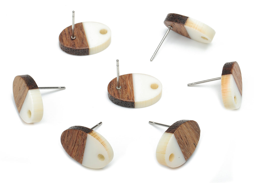 Natural Wooden Oval Earring Stud - Walnut Wood White Resin Ellipse Earring Post - 316 Stainless Steel Stud - 15.6x10.23x2.42mm - BB1258J - DOMEDBAZAAR