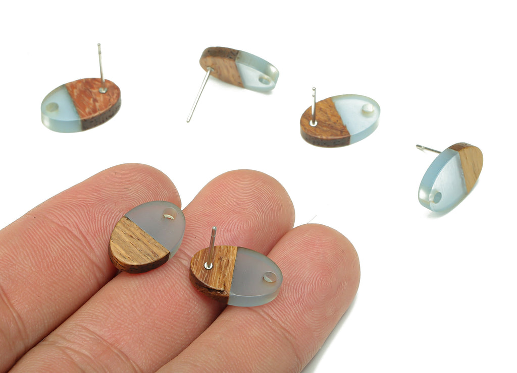 Natural Wooden Oval Earring Stud - Walnut Wood Light Blue Resin Ellipse Earring Post - 316 Stainless Steel Stud - 15.6x10.23x2.4mm - BB1258H - DOMEDBAZAAR