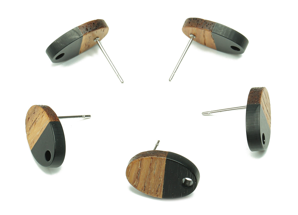 Natural Wooden Oval Earring Stud - Walnut Wood Black Resin Ellipse Earring Post - 316 Stainless Steel Stud - 15.6x10.23x2.42mm - BB1258M - DOMEDBAZAAR