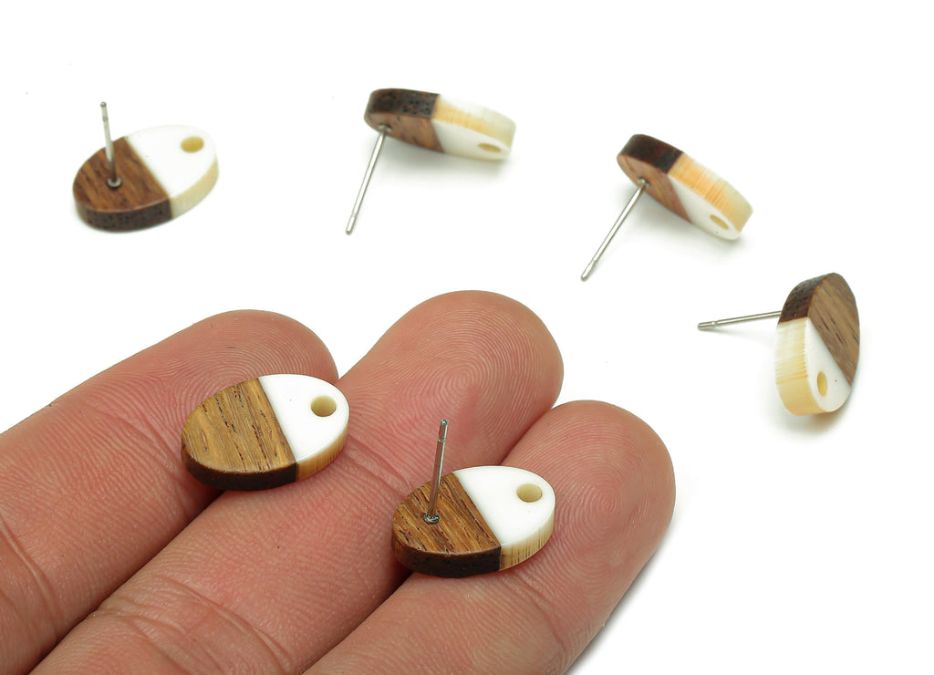 Natural Wooden Oval Earring Stud - Walnut Wood White Resin Ellipse Earring Post - 316 Stainless Steel Stud - 15.6x10.23x2.42mm - BB1258J - DOMEDBAZAAR