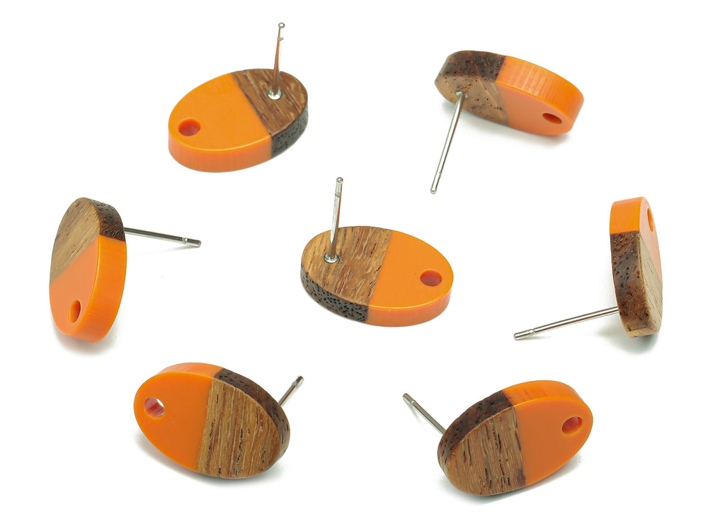Natural Wooden Oval Earring Stud - Walnut Wood Orange Resin Ellipse Earring Post - 316 Stainless Steel Stud - 15.6x10.23x2.42mm - BB1258P - DOMEDBAZAAR