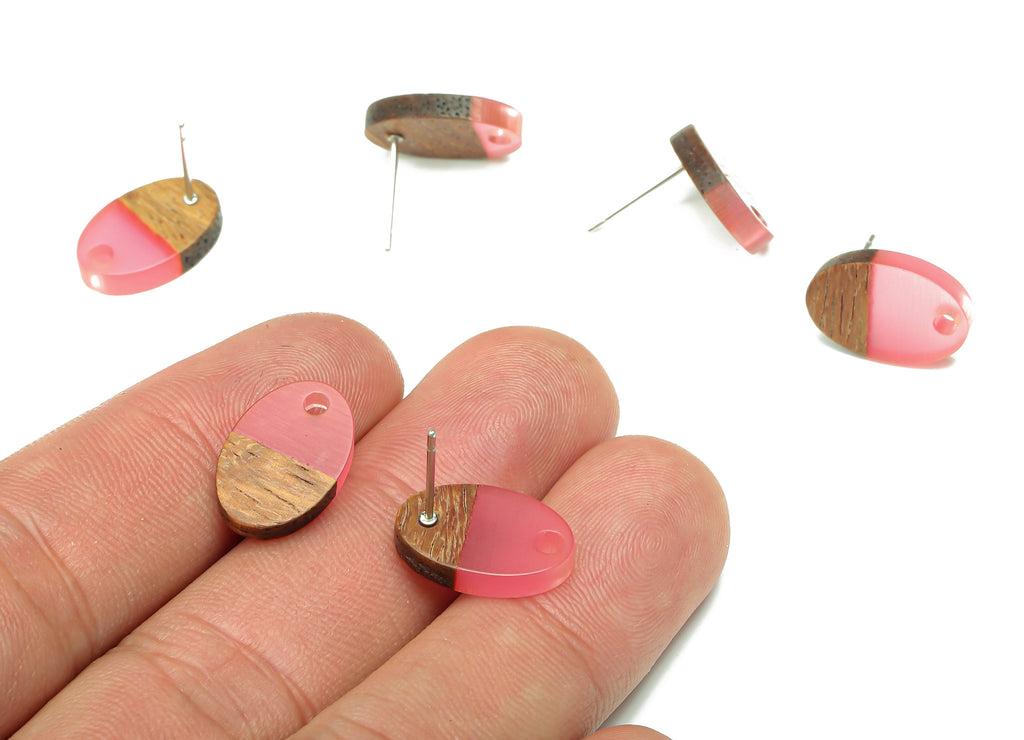 Natural Wooden Oval Earring Stud - Walnut Wood Light Red Resin Ellipse Earring Post - 316 Stainless Steel Stud - 15.6x10.23x2.42mm - BB1258L - DOMEDBAZAAR