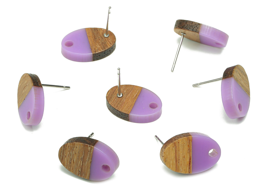 Natural Wooden Oval Earring Stud - Walnut Wood Purple Resin Ellipse Earring Post - 316 Stainless Steel Stud - 15.6x10.23x2.42mm - BB1258S - DOMEDBAZAAR