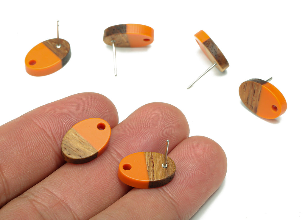 Natural Wooden Oval Earring Stud - Walnut Wood Orange Resin Ellipse Earring Post - 316 Stainless Steel Stud - 15.6x10.23x2.42mm - BB1258P - DOMEDBAZAAR