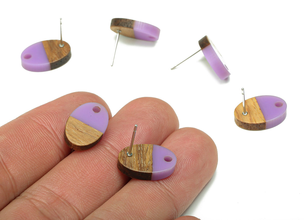 Natural Wooden Oval Earring Stud - Walnut Wood Purple Resin Ellipse Earring Post - 316 Stainless Steel Stud - 15.6x10.23x2.42mm - BB1258S - DOMEDBAZAAR