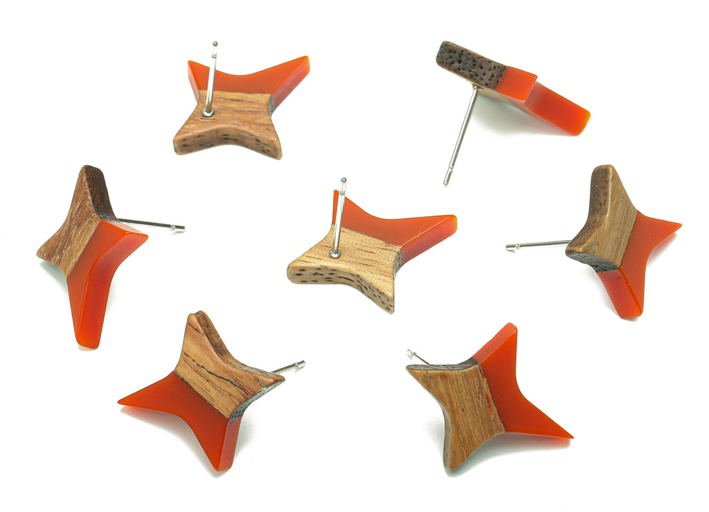 Natural Wooden North Star Earring - Walnut Wood Red Resin Four-Pointed Star Earring Post - 316 Stainless Steel Stud -20.1x17.1x3.1mm-BB1259A - DOMEDBAZAAR